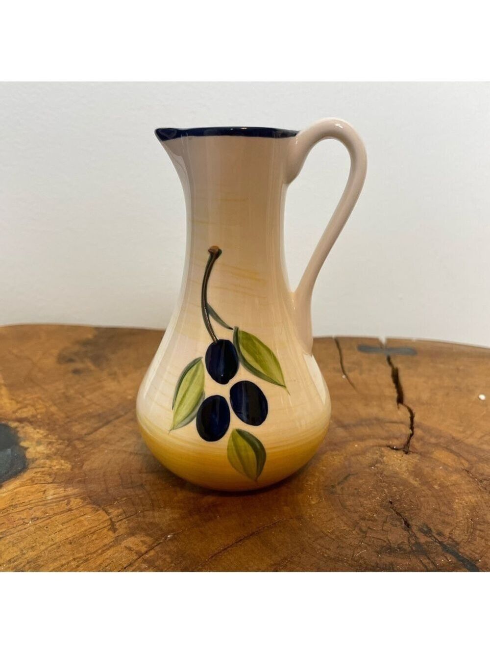 Ceramic Olive Oil Pitcher with Printed Olives & Olive Branches